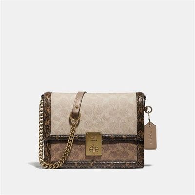 Fashion 4 Coach Hutton Shoulder Bag In Blocked Signature Canvas With Snakeskin Detail