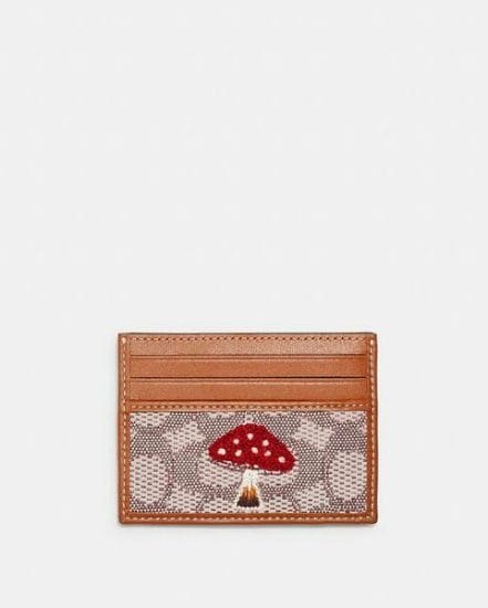 Fashion 4 Coach Card Case In Signature Textile Jacquard With Mushroom Motif Embroidery