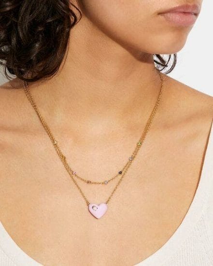 Fashion 4 Coach Enamel Signature Heart Double Chain Necklace