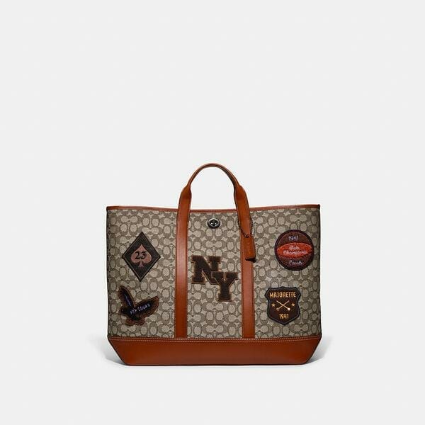 Fashion 4 Coach Toby Turnlock Tote In Signature Textile Jacquard With Varsity Patches